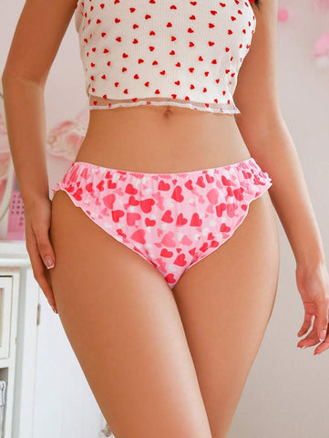 1pc Women's Valentine's Day Cute Heart Print Panty, With Hollow Out & Floral Lace Design