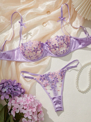 Purple Romantic Floral Embroidery Lingerie Set