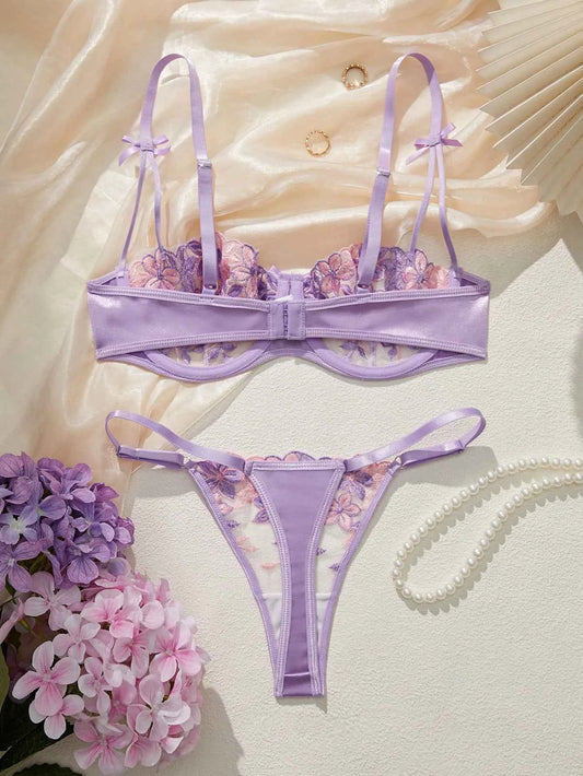 Purple Romantic Floral Embroidery Lingerie Set