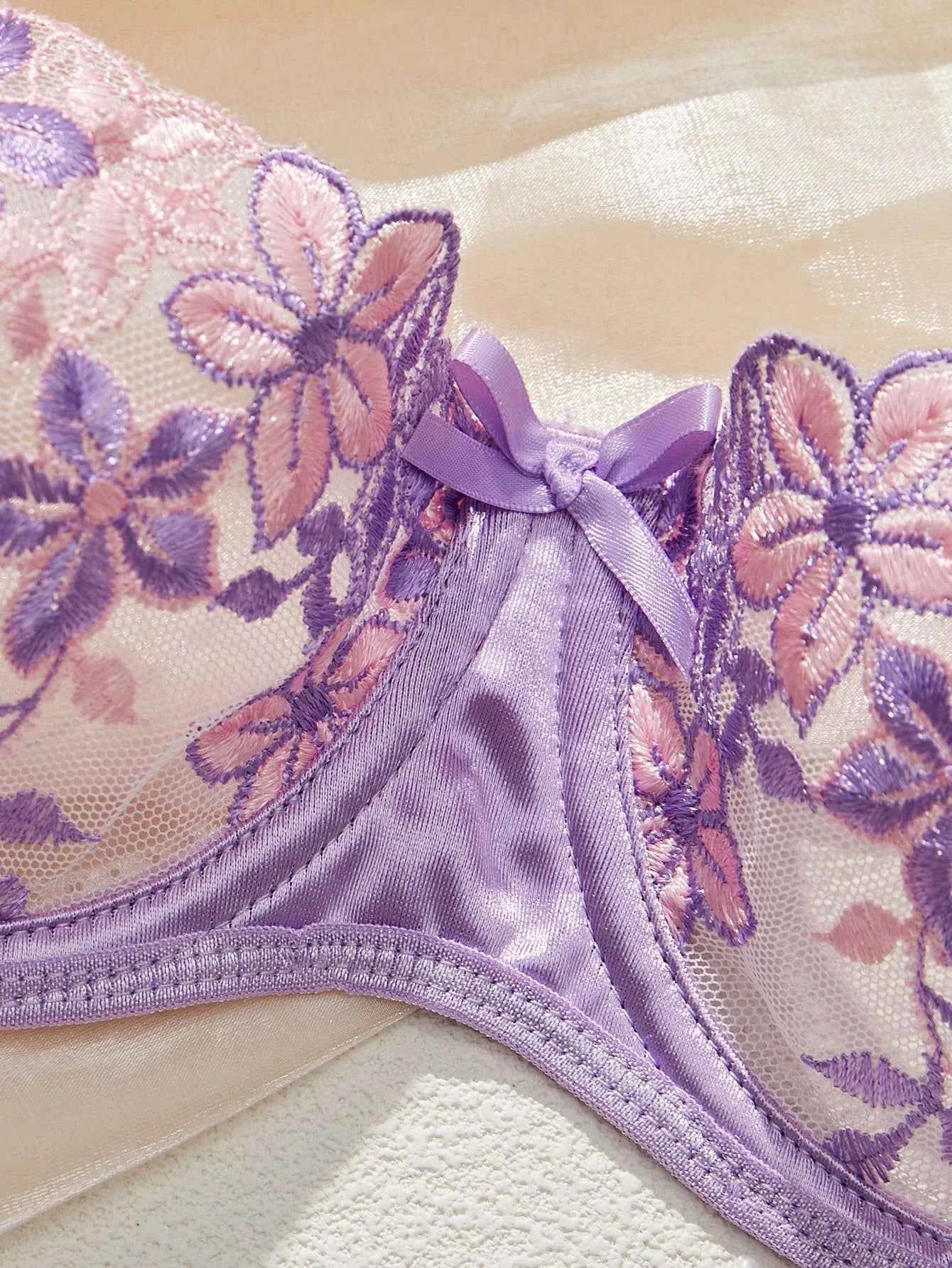 Purple Romantic Floral Embroidery Lingerie Set