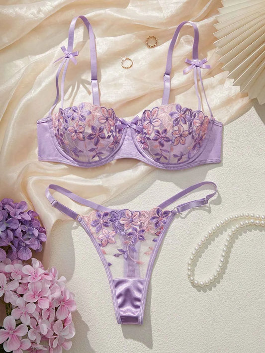 Purple Romantic Floral Embroidery Lingerie Set