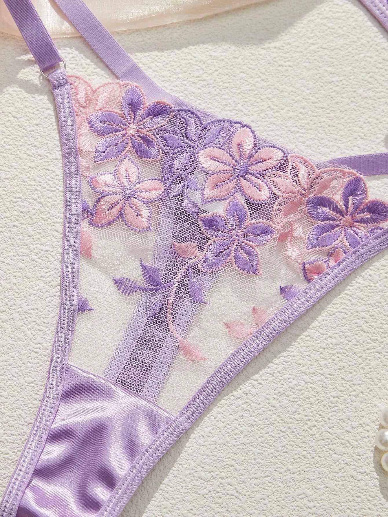 Purple Romantic Floral Embroidery Lingerie Set