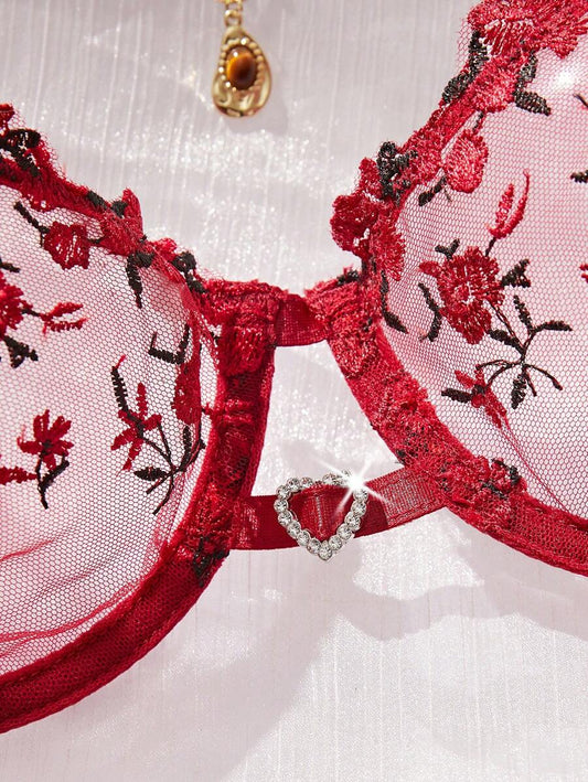2pcs/Set Women's Heart Stone Decor Embroidered Lingerie Set
