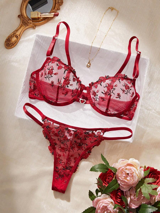 2pcs/Set Women's Heart Stone Decor Embroidered Lingerie Set
