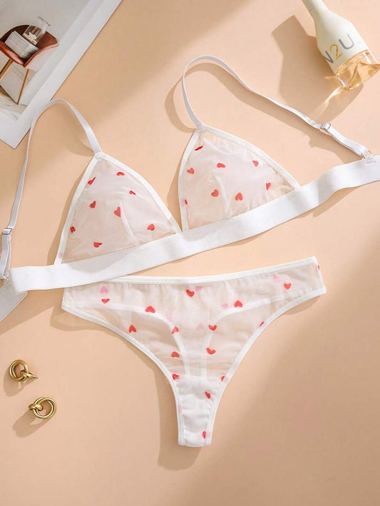 Women Heart Print Mesh Sexy Lingerie Thongs & Bra Set
