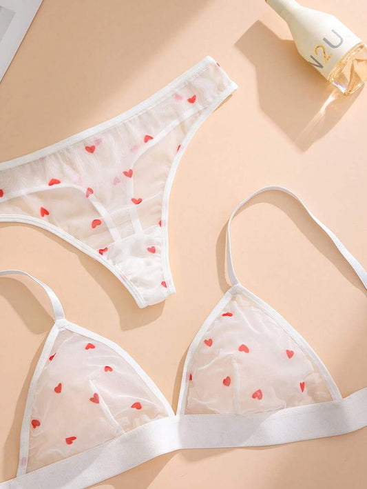 Women Heart Print Mesh Sexy Lingerie Thongs & Bra Set