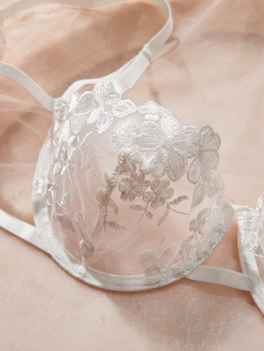 2pcs Women Sky Blue Embroidery Tie Front Lingerie Set