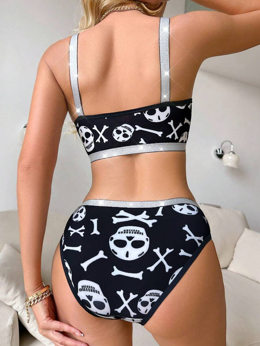 Fashionable Women's Skull Print Shiny Knit Lingerie Set