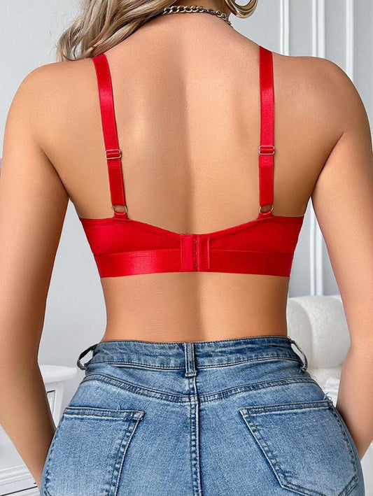 Red Rhinestone Embellished Wireless Criss-Cross Bra