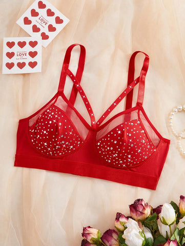 Red Rhinestone Embellished Wireless Criss-Cross Bra