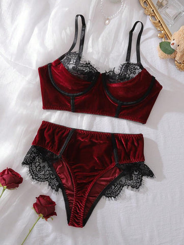 Burgundy Crimson Bustier Lingerie Set with Eyelash Lace Trim