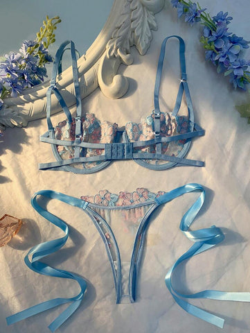 2pcs/Set Women Sky Blue Embroidered Lace-Up Lingerie Set