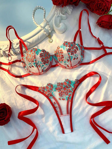 2pcs/Set Women Sky Blue Embroidered Bralette & Panty Set