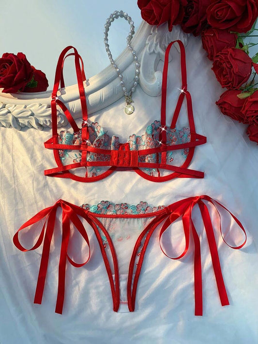 2pcs/Set Women Sky Blue Embroidered Bralette & Panty Set