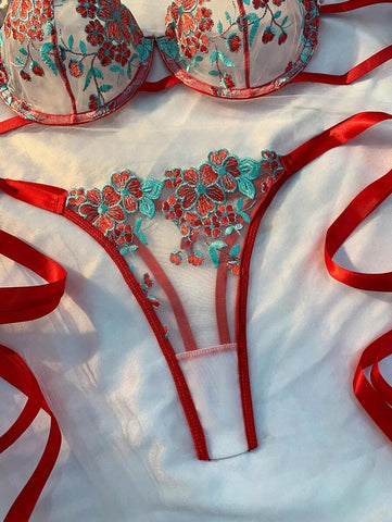 2pcs/Set Women Sky Blue Embroidered Bralette & Panty Set