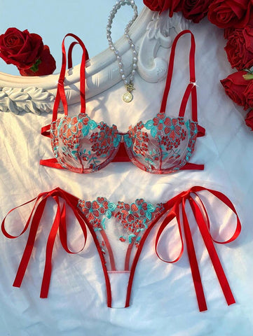 2pcs/Set Women Sky Blue Embroidered Bralette & Panty Set