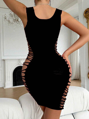 Sheer Jacquard Mesh Bodycon Dress - Black
