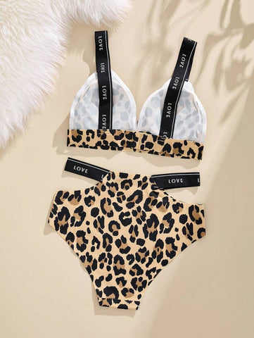 Two Pieces Set Of Women's Spicy Leopard Print And Letter Printed Bra, Without Steel Ring, Hollow Triangular Underwear