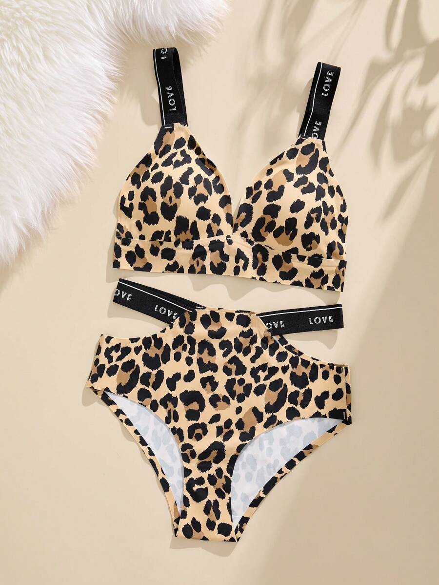 Two Pieces Set Of Women's Spicy Leopard Print And Letter Printed Bra, Without Steel Ring, Hollow Triangular Underwear
