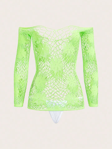 Y2K Neon Sheer Off-Shoulder Floral Nightgown