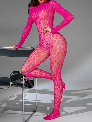 Fishnet Elastic Role Play Bodysuit - Hot Pink
