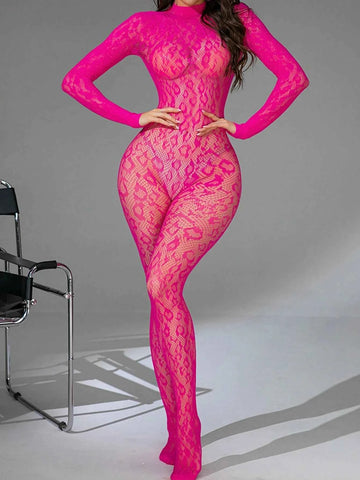 Fishnet Elastic Role Play Bodysuit - Hot Pink
