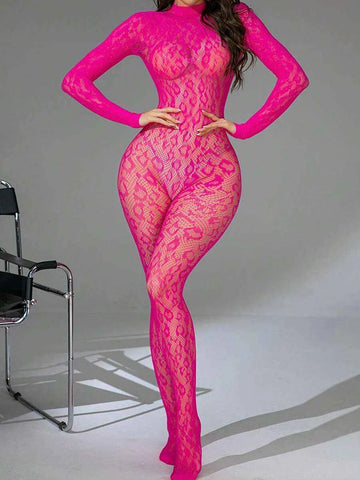Fishnet Elastic Role Play Bodysuit - Hot Pink