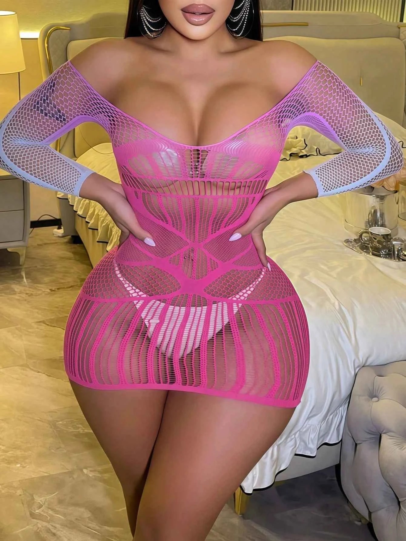 Sexy Lingerie Women's Mesh Hollow Out Cover-Up Dress Bikini Beach Cover-Up Sexy Lingerie Dress Off Shoulder Bikini Cover-Up