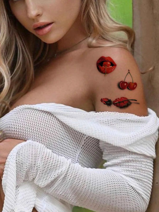 Red Lips Strawberry Cherry Tattoo Set