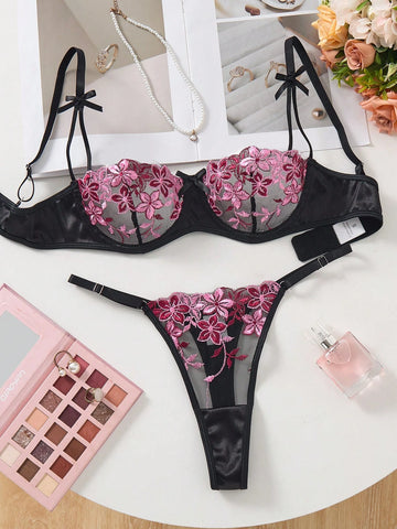 Black Floral Embroidery Sheer Mesh Lingerie Set