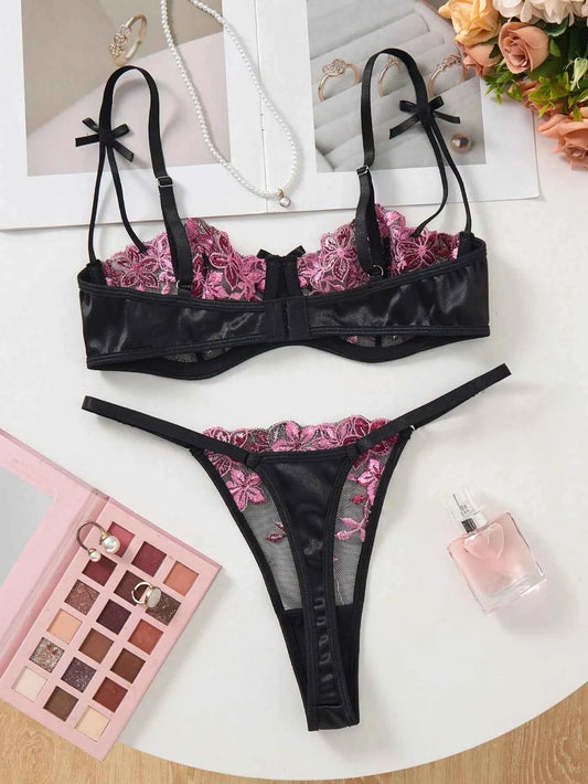 Black Floral Embroidery Sheer Mesh Lingerie Set