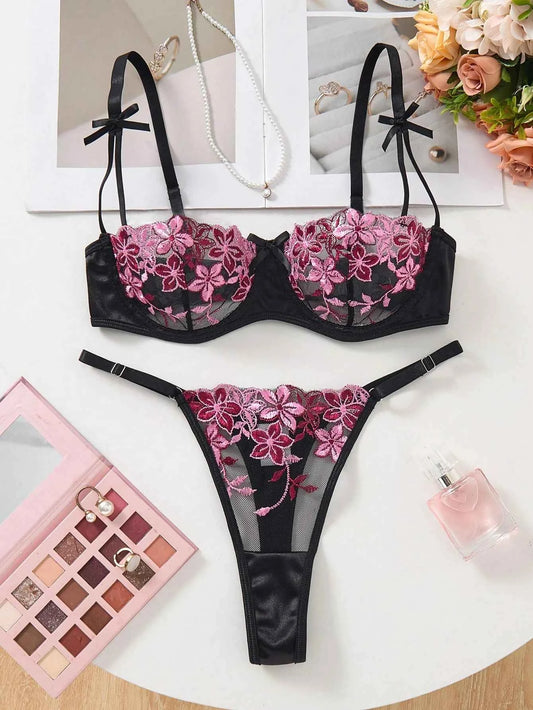 Black Floral Embroidery Sheer Mesh Lingerie Set