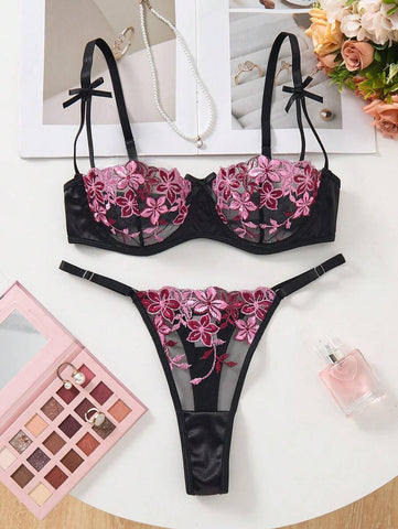 Black Floral Embroidery Sheer Mesh Lingerie Set
