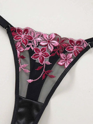 Black Floral Embroidery Sheer Mesh Lingerie Set