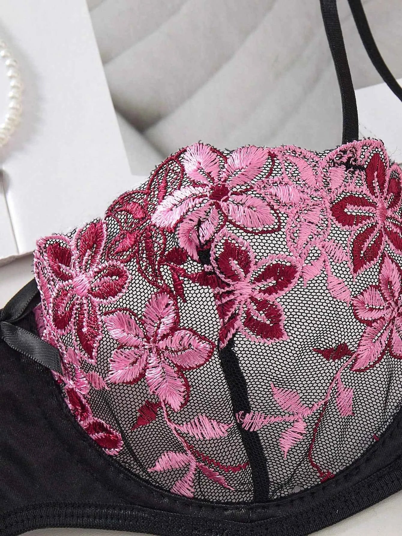 Black Floral Embroidery Sheer Mesh Lingerie Set