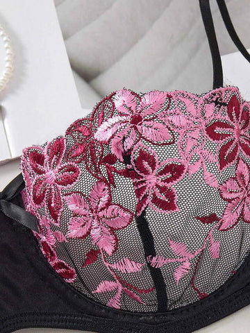 Black Floral Embroidery Sheer Mesh Lingerie Set