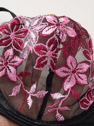 Black Floral Embroidery Sheer Mesh Lingerie Set