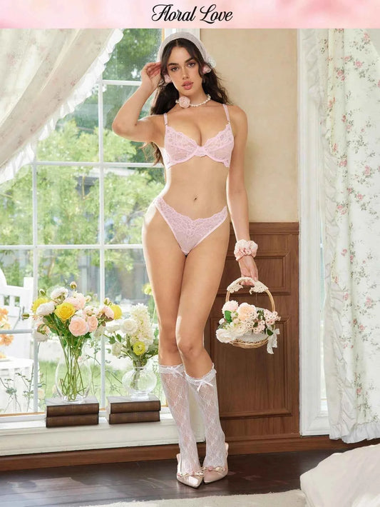 Petal Pink Sheer Lace Babydoll Lingerie Set
