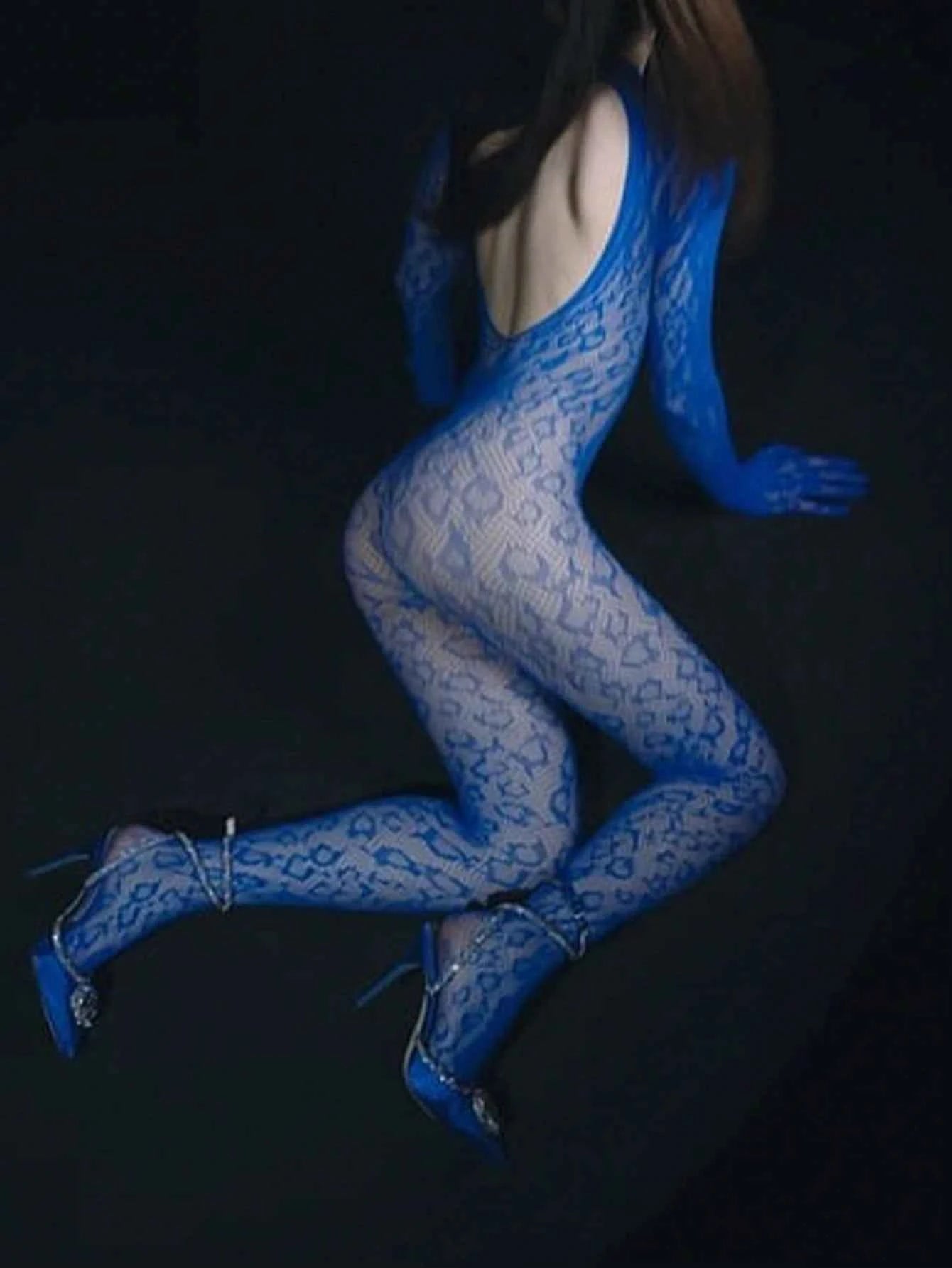 Fishnet Elastic Role Play Bodysuit - Royal Blue