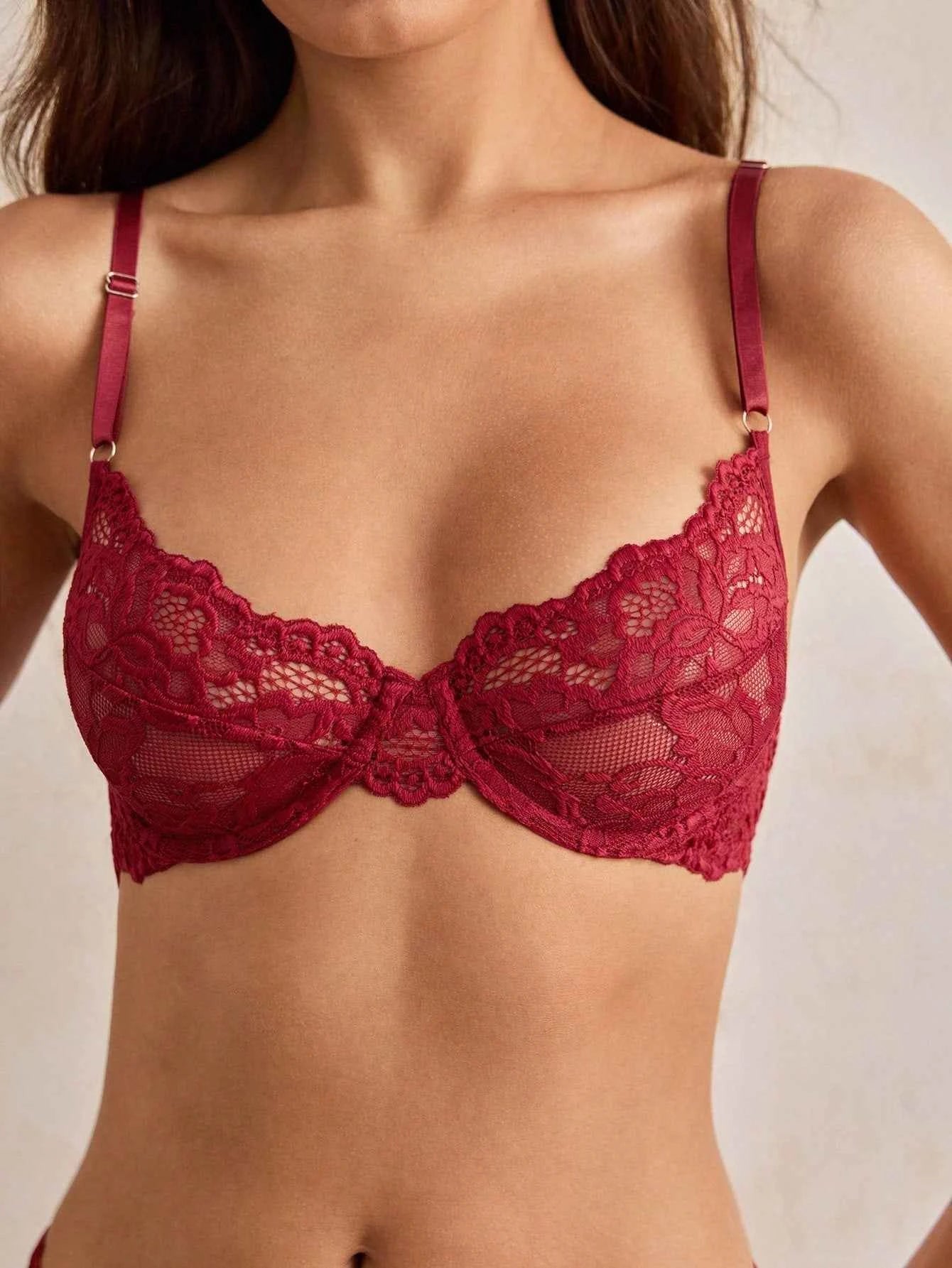 Burgundy Sheer Lace Babydoll Lingerie Set