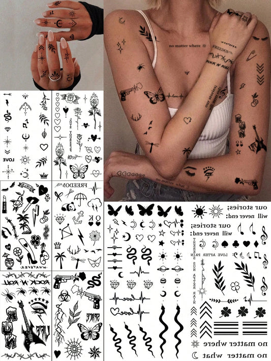 Black Heart Clover Butterfly Tattoo Set