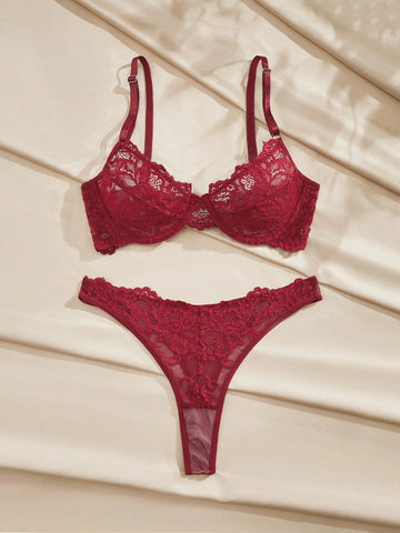 Burgundy Sheer Lace Babydoll Lingerie Set