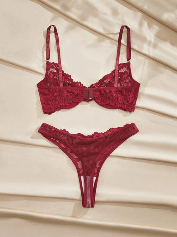 Burgundy Sheer Lace Babydoll Lingerie Set