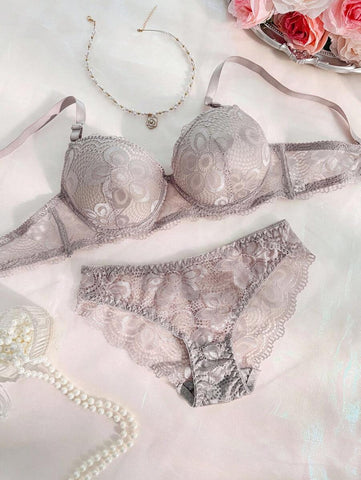 Grey Lace Underwire Bra & High-Cut Panty Set