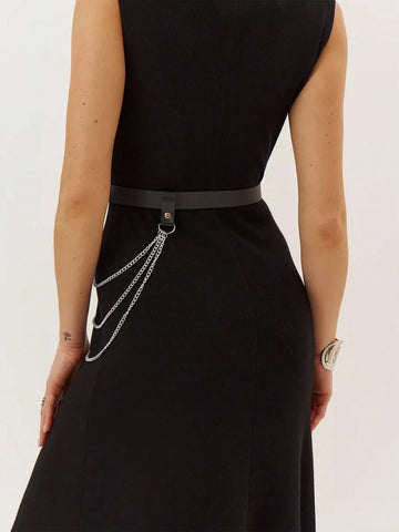 Silver Chain Leather Waist Belt