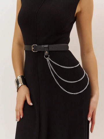 Silver Chain Leather Waist Belt
