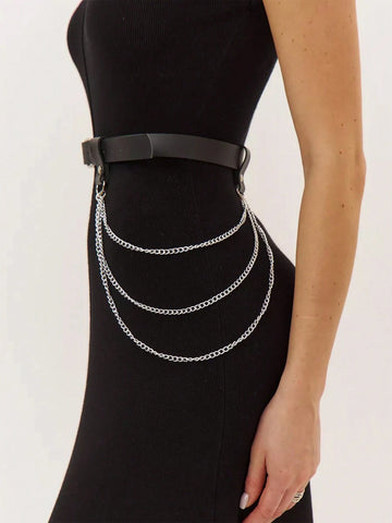 Silver Chain Leather Waist Belt