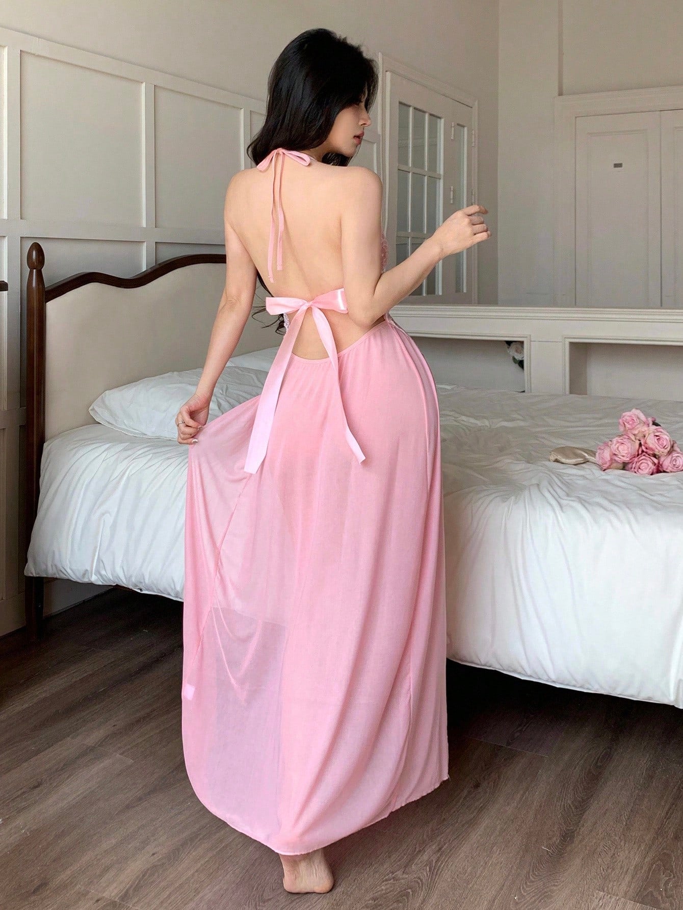 Pink Mesh Split Maxi Nightie - TFI Lingerie Pakistan - Image 2