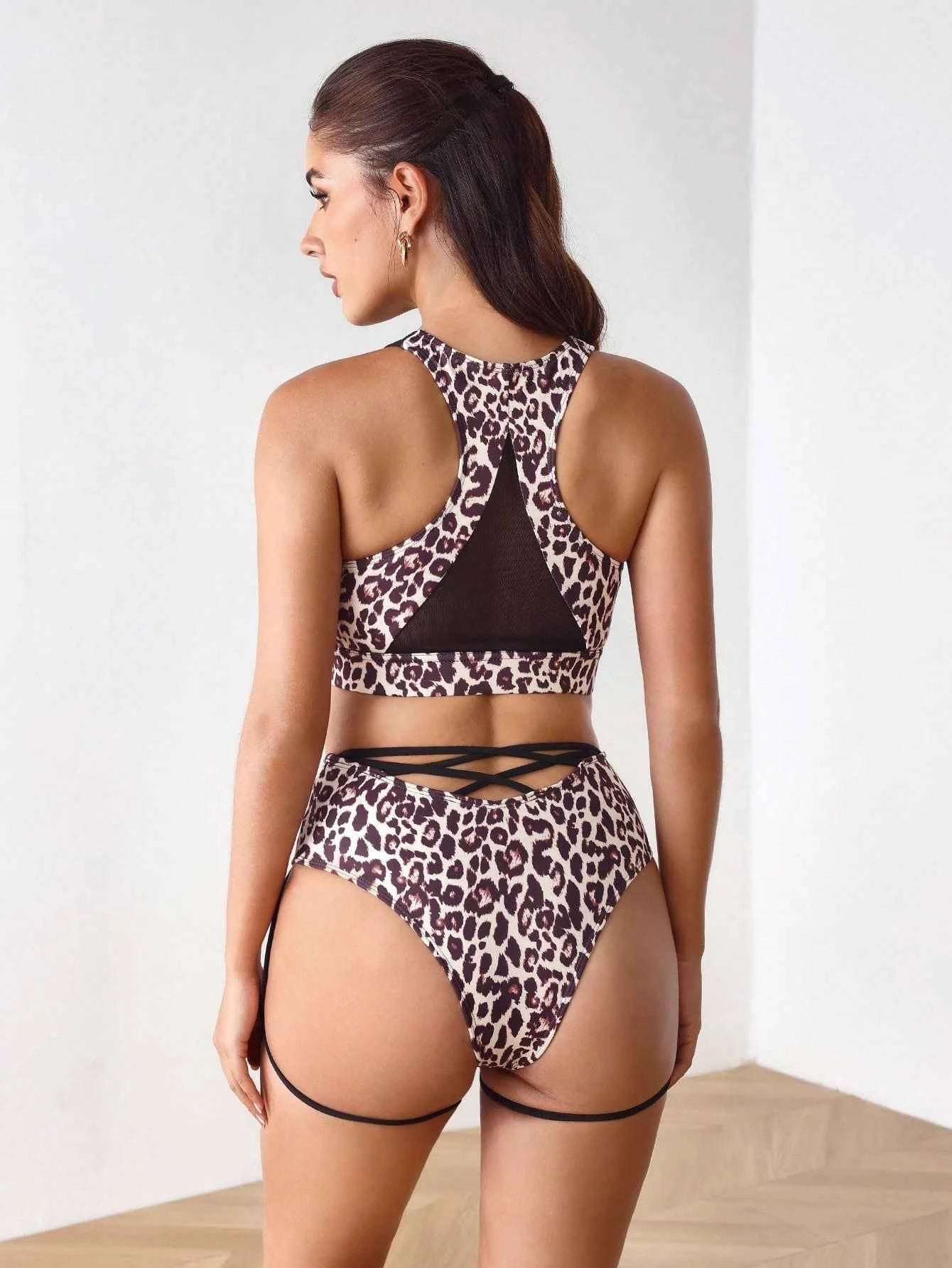 Black & Leopard Print Cut-Out Crop Top & High-Waist Brief Lingerie Set