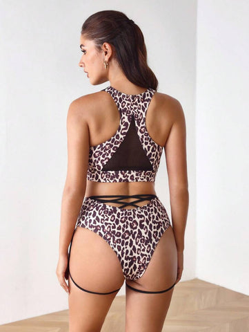 Black & Leopard Print Cut-Out Crop Top & High-Waist Brief Lingerie Set